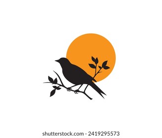 Bird silhouette with branch on sunset isolated on white background, vector illustration. Minimalist art design, artwork, wall decals. 