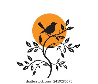 Bird silhouette with branch on sunset isolated on white background, vector illustration. Minimalist art design, artwork, wall decals. 