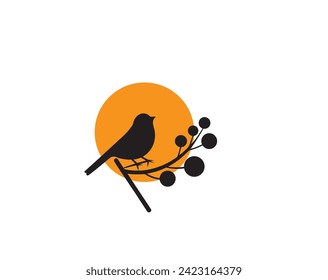 Bird silhouette with branch on sunset isolated on white background, vector illustration. Minimalist art design, artwork, wall decals. 