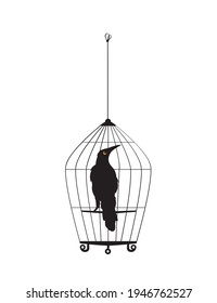 Bird silhouette in cage, vector. Raven bird illustration in cage isolated on white background. Minimalist black and white art design. Wall art, artwork