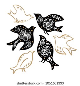 Bird Silhouette Floral Pattern Hand Drawn Stock Vector (Royalty Free ...