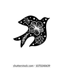 Bird silhouette with floral pattern. Hand drawn design elements. Vector illustration. Nursery scandinavian art.