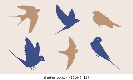 Bird, silhouette, flying, vintage Minimalist illustration of brown and blue swallow birds in flight and perched, flat vector style Perfect for spring-themed designs, nature events, or invitations.