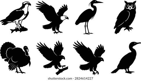 Bird silhouette icon set bundle including osprey, eagle, heron, owl, turkey, and duck illustrations.ep