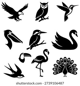 Bird silhouette icon set. eagle, owl, hummingbird, pelican, kingfisher, swan, toucan, flamingo, peacock, swallow wildlife flying animal collection Flat vector illustration