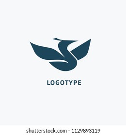 Bird silhouette logo. Vector abstract minimalistic illustration flying fowl. Swan icon. Zoo, pet shop, farm, bird feather, wild nature vector flat style logotype modern.