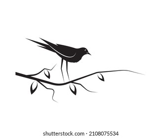 Bird silhouette on branch isolated on white background, vector. Wall decals. Art decoration, wall decor. Bird silhouette on branch, illustration