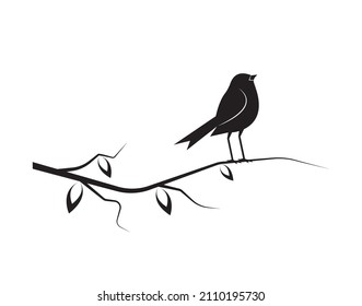 Bird Silhouette On Branch Isolated On White Background, Vector. Wall Decals. Art Decoration, Wall Decor. Bird Silhouette On Branch, Illustration