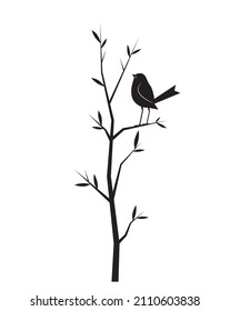 Bird silhouette on branch isolated on white background, vector. Wall decals. Art decoration, wall decor. Bird silhouette on branch, illustration