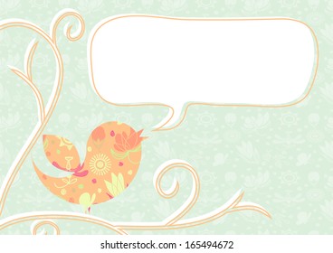 Bird silhouette on branch with speech bubble. Little bird tweets.