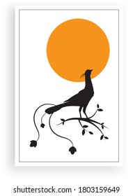 Bird Silhouette on Branch on sunset, Vector. Wall Decals, wall art decoration. Wall artwork, Bird Silhouette on branch isolated on white background