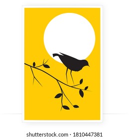 Bird silhouette on branch on sunset, vector. Wall Decals, wall art decoration. Wall artwork, Bird Silhouette on branch isolated on yellow background