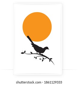 Bird Silhouette on branch on sunset, Vector. Wall decals, art decoration, wall decor, artwork. Bird Silhouette on branch isolated on white background