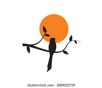 Bird silhouette on branch on sunset, vector. Minimalist wall decals, wall artwork. Wall art decoration. Bird silhouette on branch isolated on white background. Black and white art design