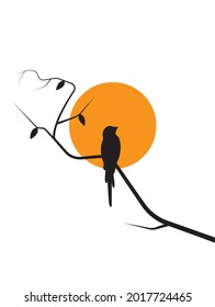 Bird silhouette on branch on sunset, vector. Bird on a tree illustration, isolated on white background. Wall art, artwork. Natural art design