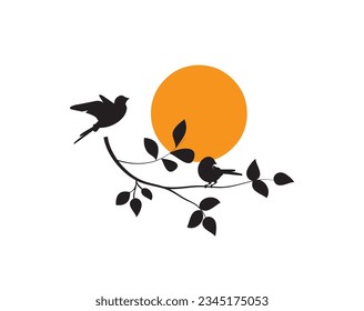 Bird silhouette on branch on sunset isolated on white background, vector illustration. Wall artwork design, poster design