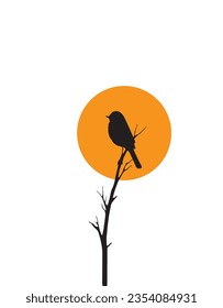 Bird silhouette on branch on sunset isolated on white background, vector illustration. Wall artwork design, poster design