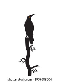 Bird silhouette on branch, vector. Crow Bird silhouette on branch isolated on white background, illustration. Wall Decals, Wall Art Decoration. Wall artwork