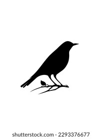 Bird silhouette on branch, vector. Bird illustration isolated on white background. Black and white art design