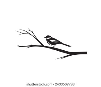 Bird silhouette on branch, vector isolated on white background. Single bird on branch illustration. Black and white wall decal, art decoration