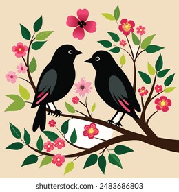 Bird silhouette on branch vector birds in love.