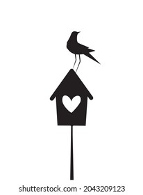 Bird silhouette on a bird house, Vector. Bird and birdhouse illustration . Wall Decals, Art Decoration, Wall Decor, Birds Silhouette on branch isolated on white background, romantic