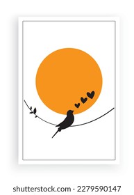 Bird silhouette on single branch with hearts illustrations  on sunset, isolated on white background.