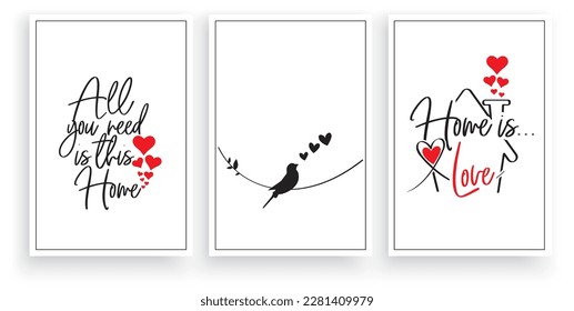 Bird silhouette on wire and hearts illustration, vector. Cute cartoon illustration. Bird silhouette illustration isolated on white background. Wall art, artwork, wall decals