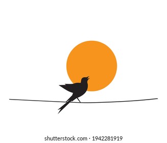 Bird silhouette on wire on sunset, vector. Bird silhouette on branch isolated on white background, illustration. Wall Decals, Wall Art Decoration. Wall artwork. Minimalist poster design