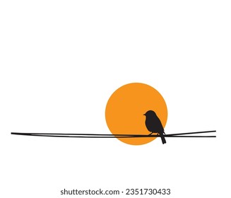 Bird silhouette on wire on sunset, vector. Bird silhouette on branch isolated on white background, illustration. Wall Decals, Wall Art Decoration. Wall artwork. Minimalist poster design
