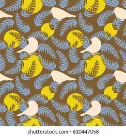 Bird silhouette pattern with blue leaves and yellow circles.