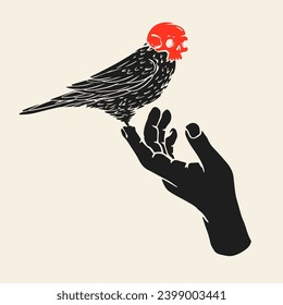 Bird silhouette with skull human on head. Color concept design for print, tattoo. Vector illustration in vintage style. Cartoon art composition.