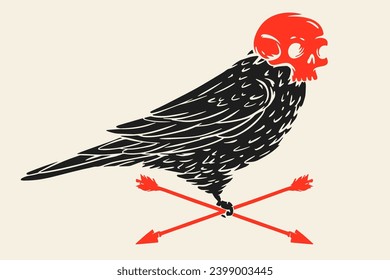 Bird silhouette with skull human on head. Color concept design for print, tattoo. Vector illustration in vintage style. Cartoon art composition.