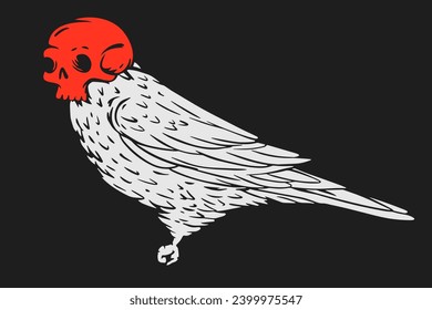 Bird silhouette with skull human on head. Color concept design for print, tattoo. Vector illustration in vintage style. Cartoon art composition.
