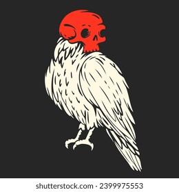 Bird silhouette with skull human on head. Color concept design for print, tattoo. Vector illustration in vintage style. Cartoon art composition.