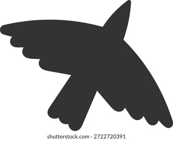 Silhueta de pássaro com asa espalhada e cauda em pose voadora dinâmica, forma sólida arrojada. Símbolo de liberdade, ambição, jornada e movimento para cima. Ilustração de vetor de desenhos animados.