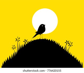 Bird silhouette. Sunset background. Vector illustration