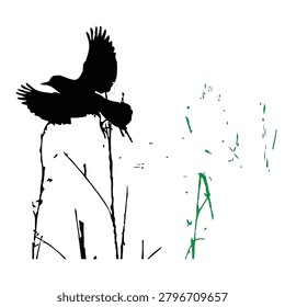 Bird silhouette taking off from marsh grass. Black avian figure near reeds. Nature landscape element. Wildlife scene.