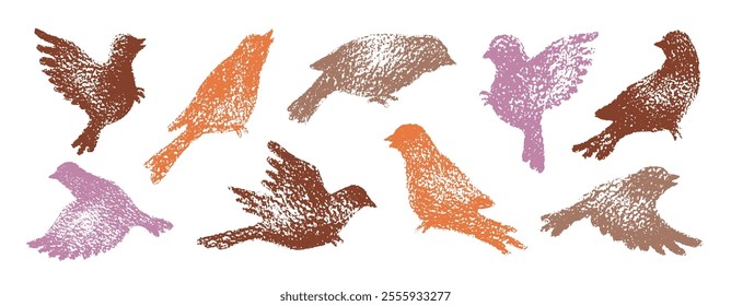 Bird silhouette vector icon set. Flying sparrow dove nightingale. Crayon logo. Brush wing shape. Flight illustration, crayon pastel pattern. Abstract chalk fly symbol. Vintage simple mocha mousse bird