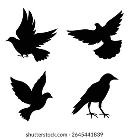 Bird silhouette vector illustration. Contains such icons as Bird, wing, wild, animal, flying, wren and more. Collection of common blackbird silhouette design. Decoration element. 