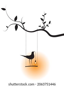 Bird Silhouette Vector, Bird on swing on branch holding lightbulb, Wall Decals, Bird cartoon illustration, Wall Art, Art Decor. Bird Silhouette isolated on white background