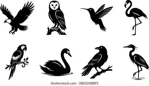 Bird Silhouette Vector Set Featuring Eagle, Owl, Hummingbird, Flamingo, Parrot, Swan, Crow, and Heron