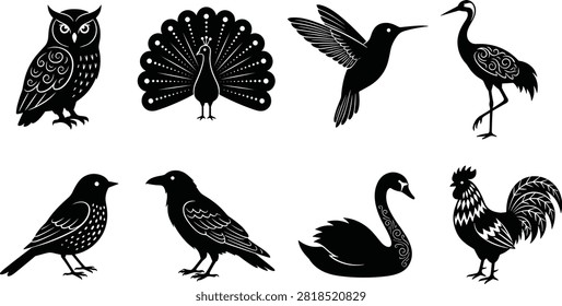 Bird silhouette vector set featuring owl, peacock, hummingbird, crane, songbird, crow, swan, and rooster designs