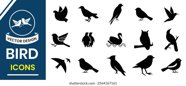 Bird silhouette, vector sign and symbol. Bird icon, silhouette set. Flying, sitting and swimming bird icon, vector set. Bird symbol for logo, app and web design. Vector illustration.