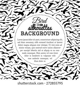 Bird silhouettes background. Black and white vector background. There is copy space for text in the center. 