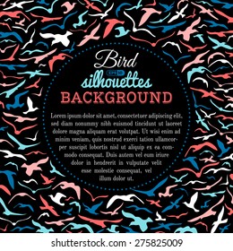 Bird silhouettes background. Vector seagulls background. There is copy space for text in the center. 