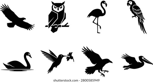 Bird silhouettes collection featuring eagle, owl, flamingo, parrot, swan, hummingbird, crow, and pelican species