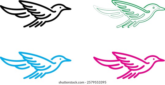 Bird silhouettes, colorful wings, graphic design, minimalist art, flat colors, vector illustration, black pink blue turquoise, flying birds, spread wings, simplified shapes, clean lines, stylized avia