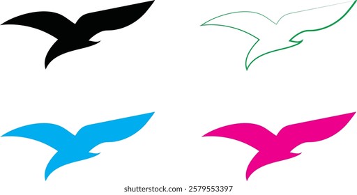 Bird silhouettes, colorful wings, graphic design, minimalist art, flat colors, vector illustration, black pink blue turquoise, flying birds, spread wings, simplified shapes, clean lines, stylized avia