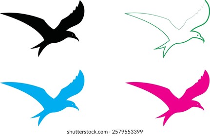 Bird silhouettes, colorful wings, graphic design, minimalist art, flat colors, vector illustration, black pink blue turquoise, flying birds, spread wings, simplified shapes, clean lines, stylized avia